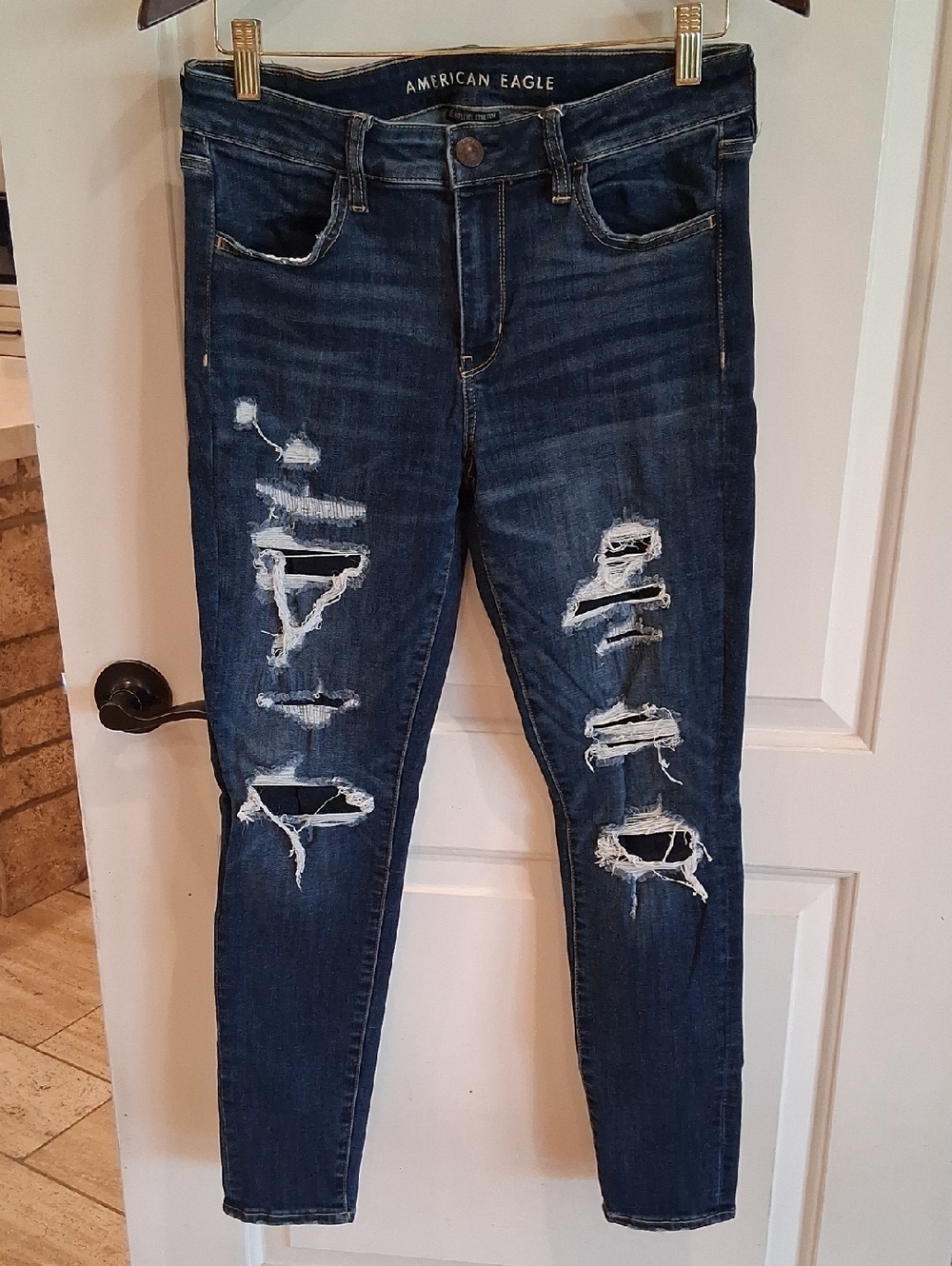 Anerican Eagle Jeggings Size 10R Dark Distressed Patch Jeans